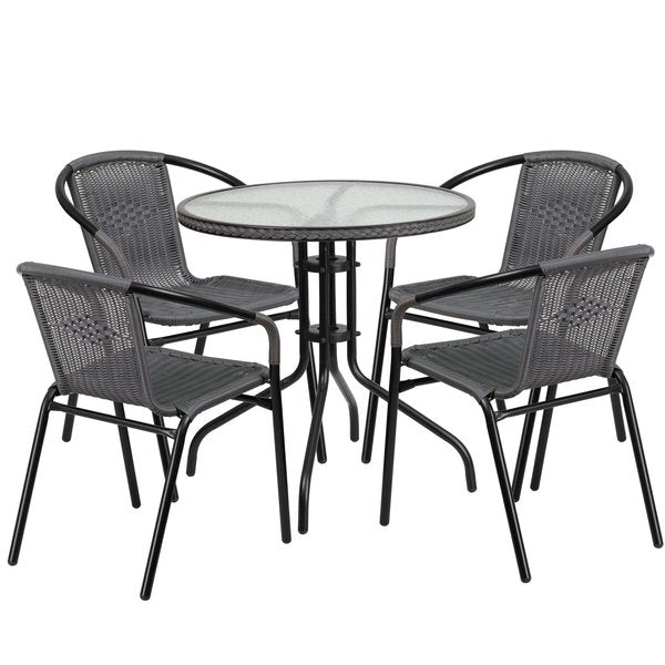 Round Table Set, 28.75 W, 28.75 L, 28 H, Aluminum, Glass, Metal, Plastic, Rattan Top, Clear