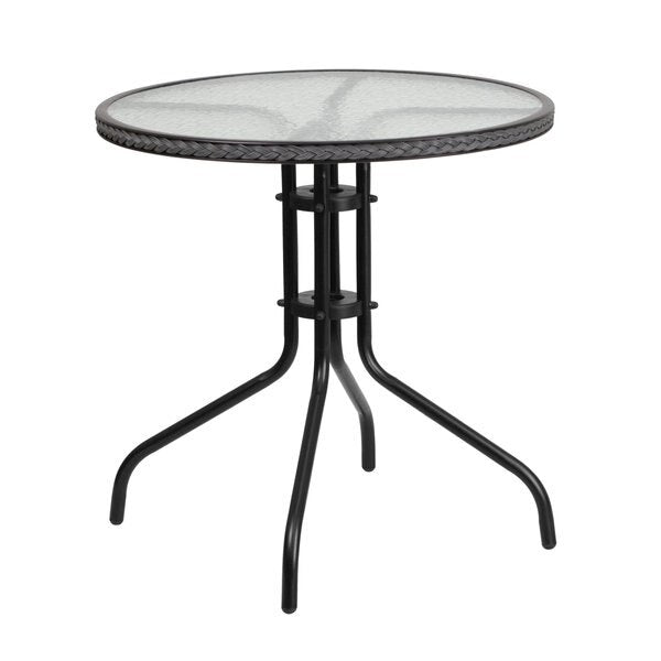 Round Table Set, 28.75 W, 28.75 L, 28 H, Aluminum, Glass, Metal, Plastic, Rattan Top, Clear