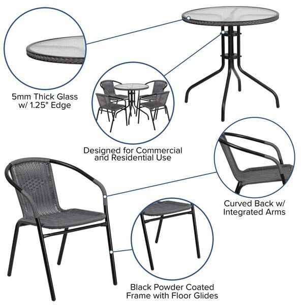 Round Table Set, 28.75 W, 28.75 L, 28 H, Aluminum, Glass, Metal, Plastic, Rattan Top, Clear