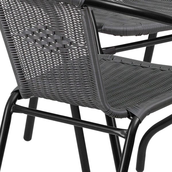 Round Table Set, 28.75 W, 28.75 L, 28 H, Aluminum, Glass, Metal, Plastic, Rattan Top, Clear