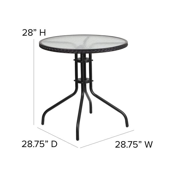 Round Glass Table, Blk Rattan Edging, Rnd, 28