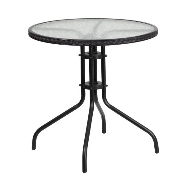Round Glass Table, Blk Rattan Edging, Rnd, 28
