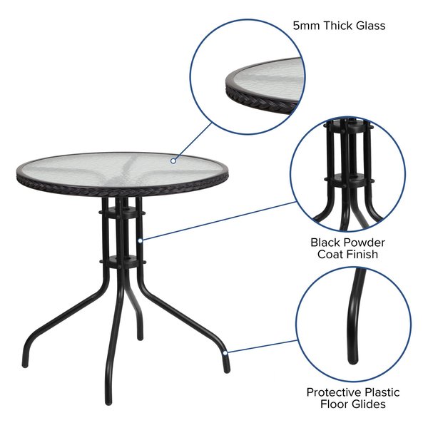 Round Glass Table, Blk Rattan Edging, Rnd, 28