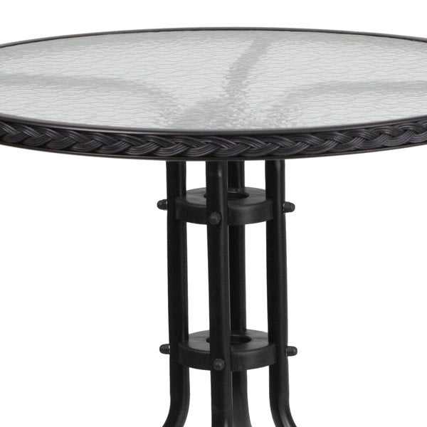 Round Glass Table, Blk Rattan Edging, Rnd, 28