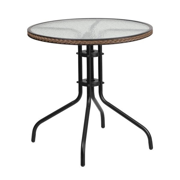 Round Glass Table, Brown Rattan Edging, Rnd, 28