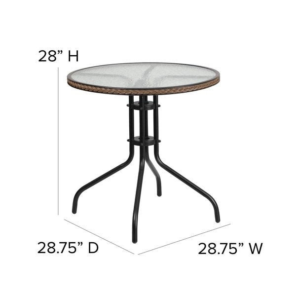 Round Glass Table, Brown Rattan Edging, Rnd, 28