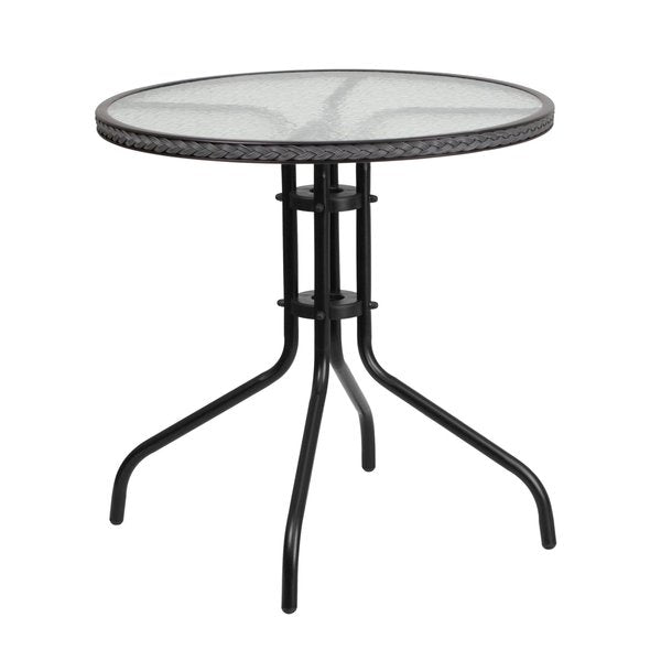 Round Glass Table, Gray Rattan Edging, Round, 28