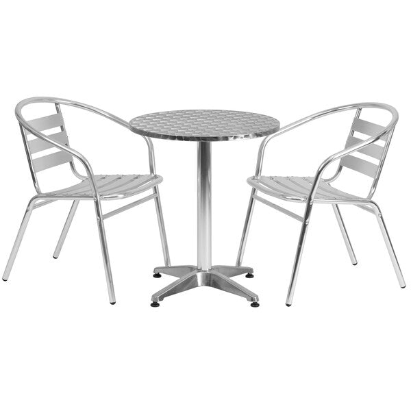 Round Table Set, 23.5 W, 23.5 L, 27.5 H, Aluminum, Plastic, Stainless Steel Top, Grey