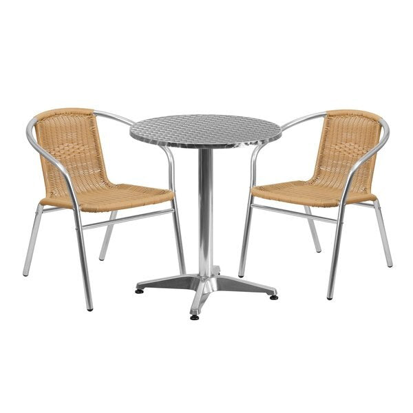 Round Table Set, 23.5 W, 23.5 L, 27.5 H, Aluminum, Plastic, Rattan, Stainless Steel Top, Grey