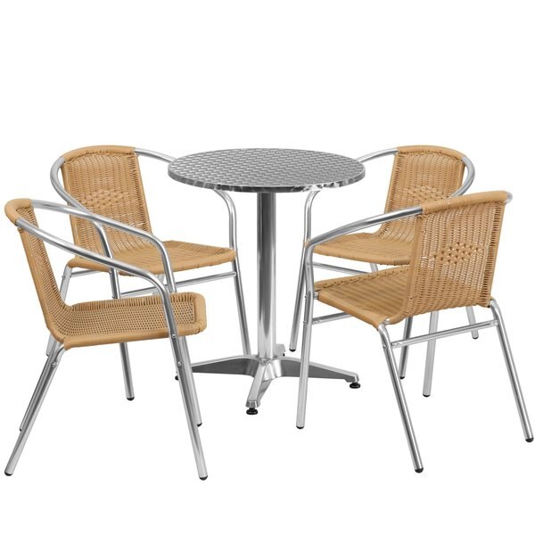 Round Table Set, 23.5 W, 23.5 L, 27.5 H, Aluminum, Plastic, Rattan, Stainless Steel Top, Grey