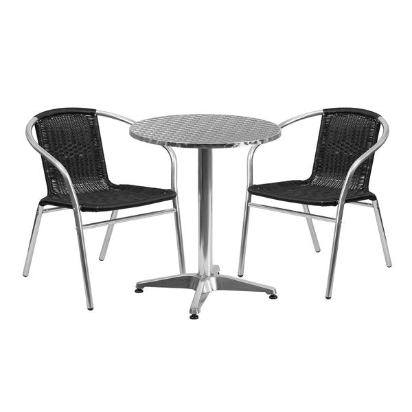 Round Table Set, 23.5 W, 23.5 L, 27.5 H, Aluminum, Plastic, Rattan, Stainless Steel Top, Grey