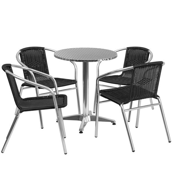 Round Table Set, 23.5 W, 23.5 L, 27.5 H, Aluminum, Plastic, Rattan, Stainless Steel Top, Grey