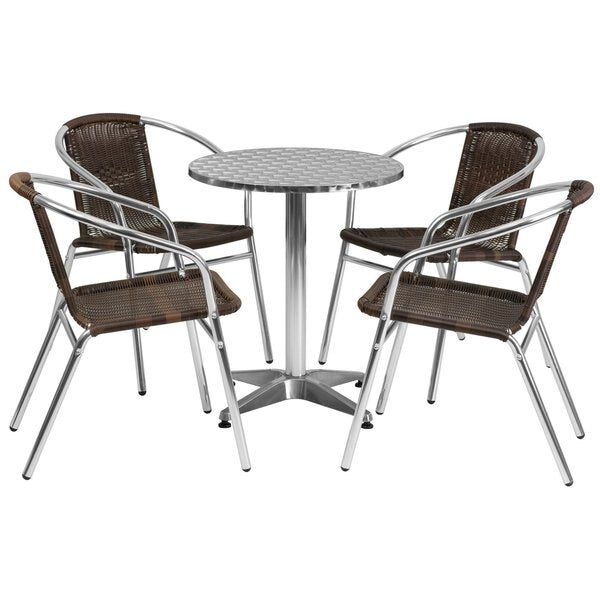 Round Table Set, 23.5 W, 23.5 L, 27.5 H, Aluminum, Plastic, Rattan, Stainless Steel Top, Grey
