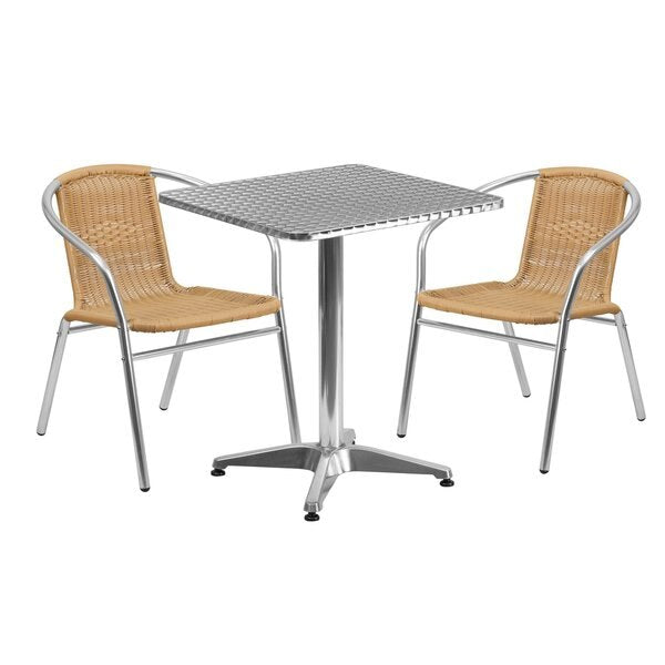Square Table Set, 23.5 W, 23.5 L, 27.5 H, Aluminum, Plastic, Rattan, Stainless Steel Top, Grey