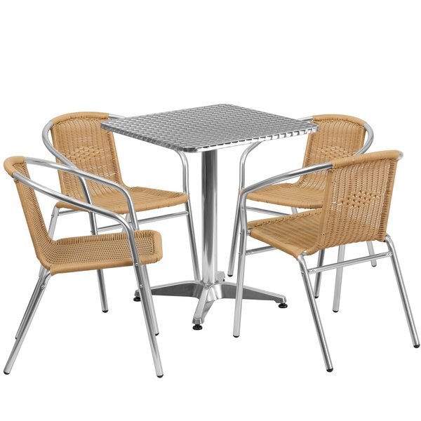Square Table Set, 23.5 W, 23.5 L, 27.5 H, Aluminum, Plastic, Rattan, Stainless Steel Top, Grey