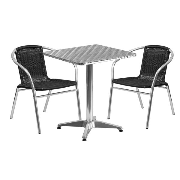 Square Table Set, 23.5 W, 23.5 L, 27.5 H, Aluminum, Plastic, Rattan, Stainless Steel Top, Grey