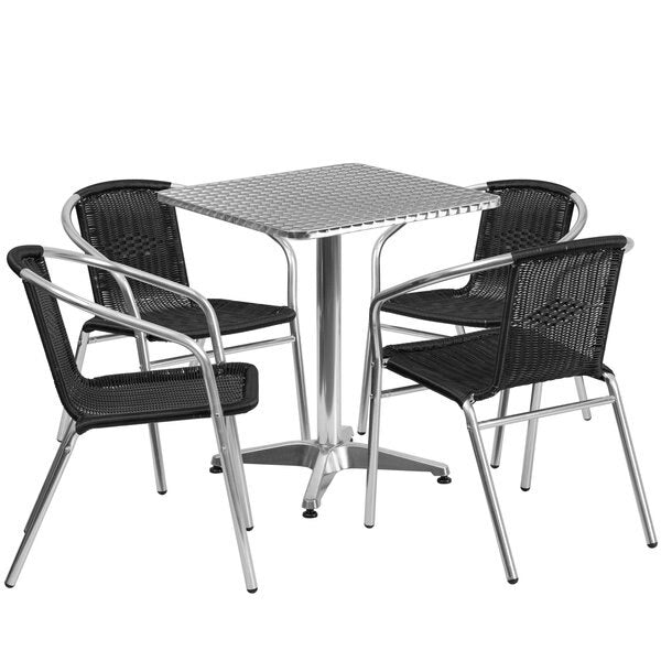 Square Table Set, 23.5 W, 23.5 L, 27.5 H, Aluminum, Plastic, Rattan, Stainless Steel Top, Grey