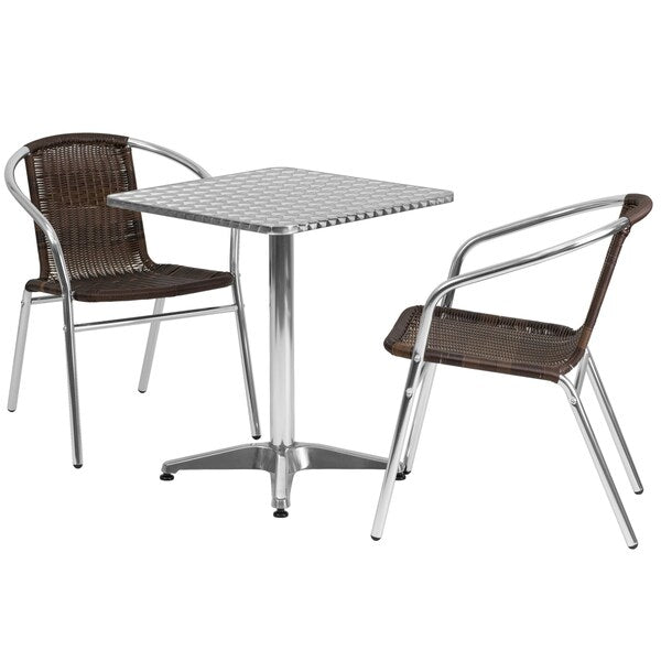 Square Table Set, 23.5 W, 23.5 L, 27.5 H, Aluminum, Plastic, Rattan, Stainless Steel Top, Grey