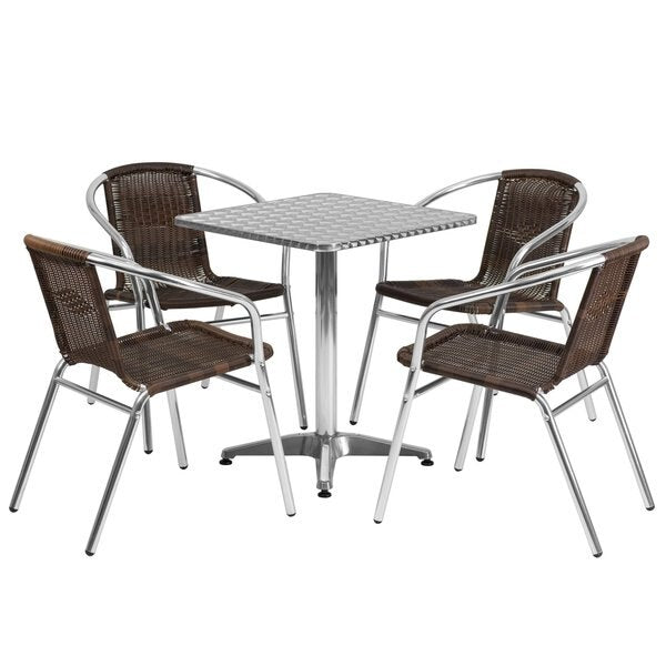 Square Table Set, 23.5 W, 23.5 L, 27.5 H, Aluminum, Plastic, Rattan, Stainless Steel Top, Grey