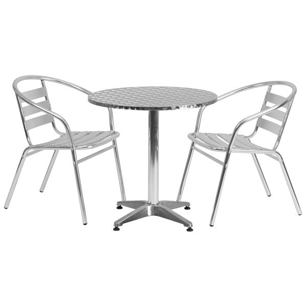 Round Table Set, 27.5 W, 27.5 L, 27.5 H, Aluminum, Plastic, Stainless Steel Top, Grey