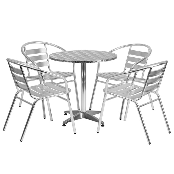 Round Table Set, 27.5 W, 27.5 L, 27.5 H, Aluminum, Plastic, Stainless Steel Top, Grey
