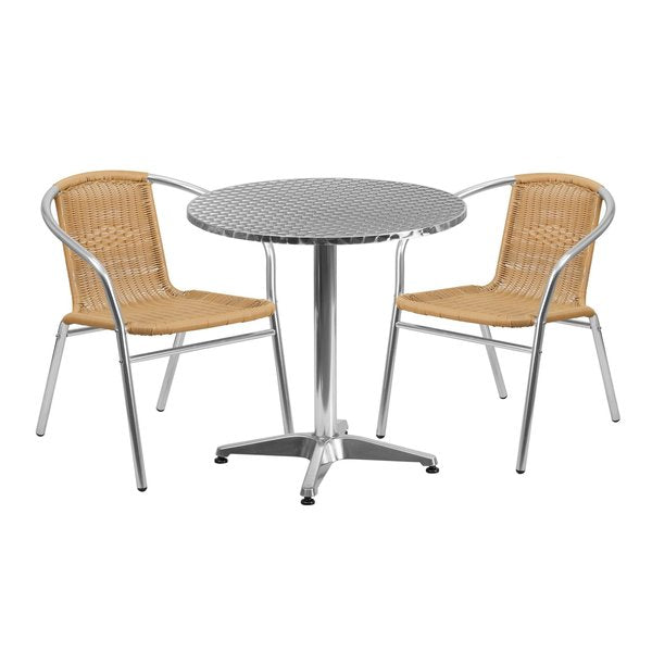 Round Table Set, 27.5 W, 27.5 L, 27.5 H, Aluminum, Plastic, Rattan, Stainless Steel Top, Grey