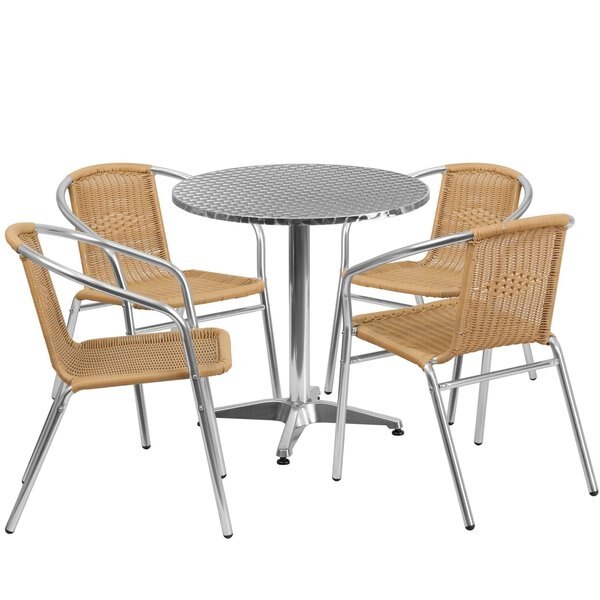 Round Table Set, 27.5 W, 27.5 L, 27.5 H, Aluminum, Plastic, Rattan, Stainless Steel Top, Grey