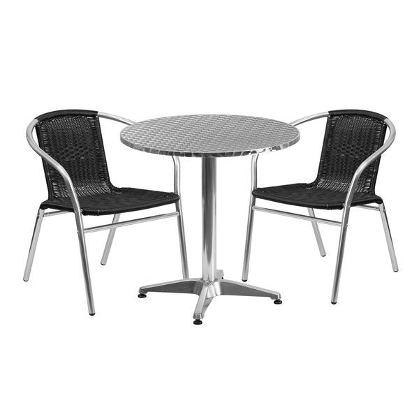 Round Table Set, 27.5 W, 27.5 L, 27.5 H, Aluminum, Plastic, Rattan, Stainless Steel Top, Grey