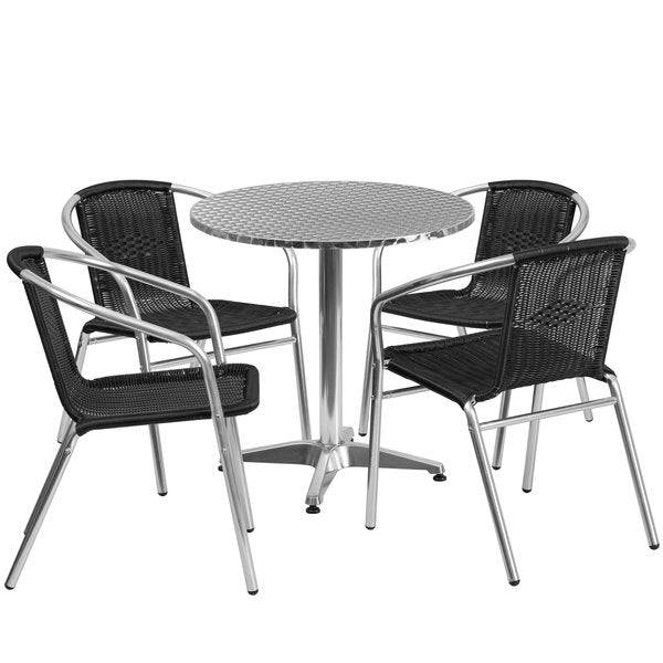 Round Table Set, 27.5 W, 27.5 L, 27.5 H, Aluminum, Plastic, Rattan, Stainless Steel Top, Grey