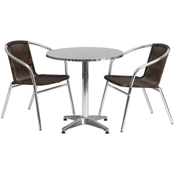 Round Table Set, 27.5 W, 27.5 L, 27.5 H, Aluminum, Plastic, Rattan, Stainless Steel Top, Grey