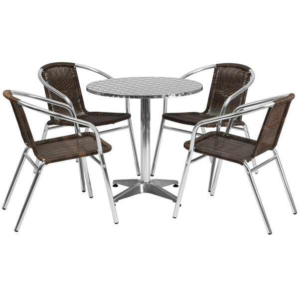 Round Table Set, 27.5 W, 27.5 L, 27.5 H, Aluminum, Plastic, Rattan, Stainless Steel Top, Grey