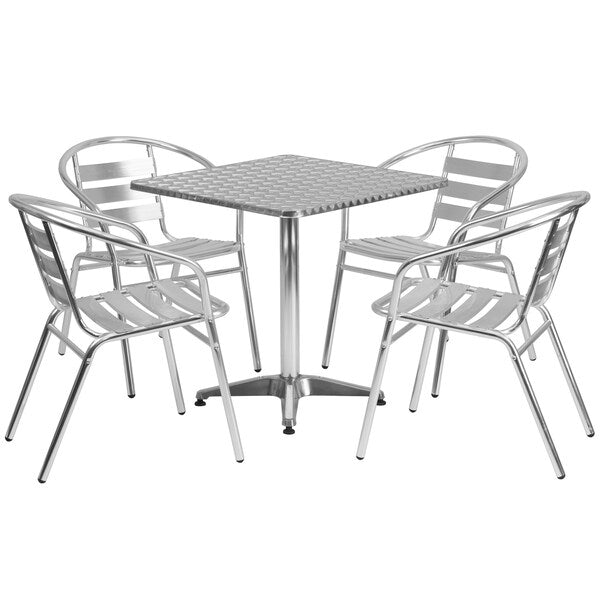 Square Table Set, 27.5 W, 27.5 L, 27.5 H, Aluminum, Plastic, Stainless Steel Top, Grey