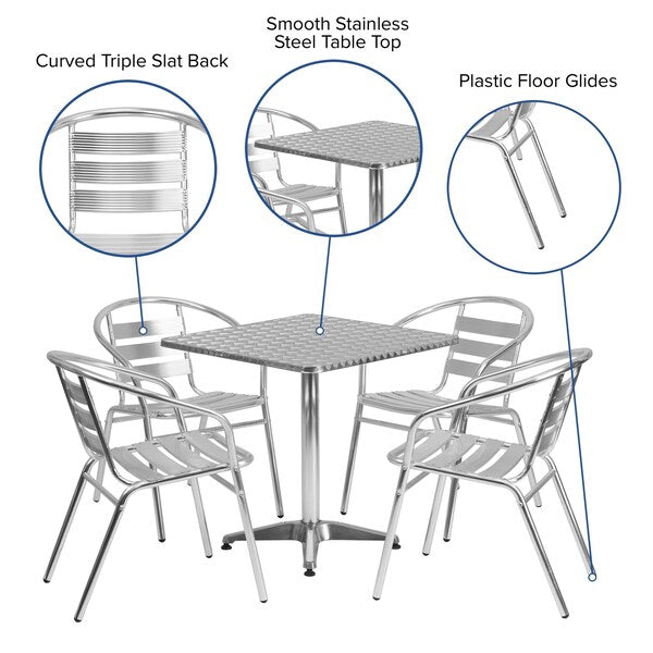Square Table Set, 27.5 W, 27.5 L, 27.5 H, Aluminum, Plastic, Stainless Steel Top, Grey