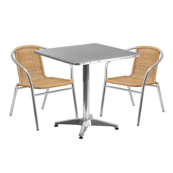 Square Table Set, 27.5 W, 27.5 L, 27.5 H, Aluminum, Plastic, Rattan, Stainless Steel Top, Grey