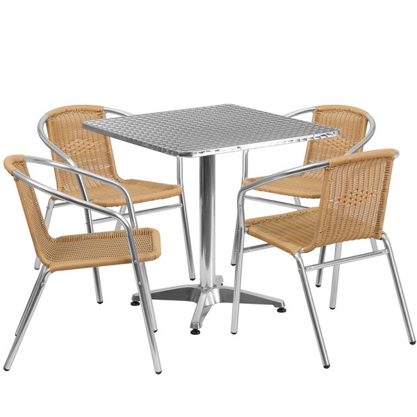 Square Table Set, 27.5 W, 27.5 L, 27.5 H, Aluminum, Plastic, Rattan, Stainless Steel Top, Grey