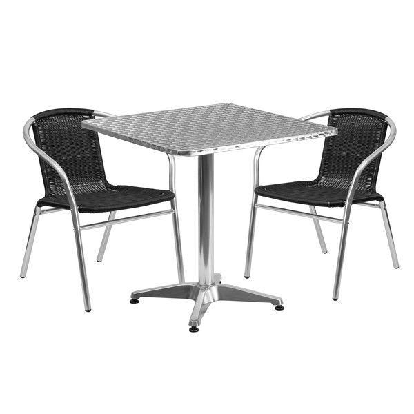 Square Table Set, 27.5 W, 27.5 L, 27.5 H, Aluminum, Plastic, Rattan, Stainless Steel Top, Grey