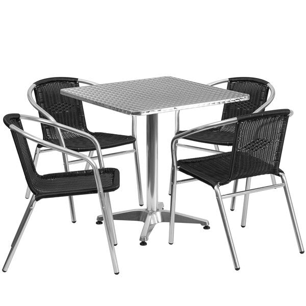 Square Table Set, 27.5 W, 27.5 L, 27.5 H, Aluminum, Plastic, Rattan, Stainless Steel Top, Grey