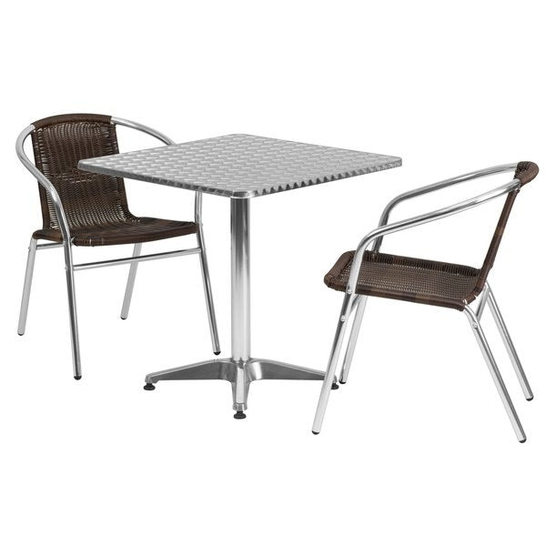 Square Table Set, 27.5 W, 27.5 L, 27.5 H, Aluminum, Plastic, Rattan, Stainless Steel Top, Grey