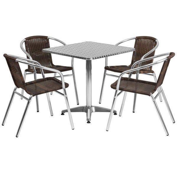Square Table Set, 27.5 W, 27.5 L, 27.5 H, Aluminum, Plastic, Rattan, Stainless Steel Top, Grey