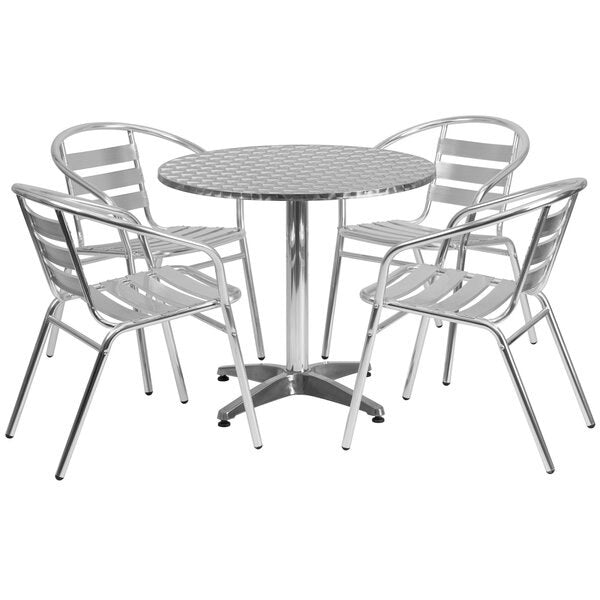 Round Table Set, 31.5 W, 31.5 L, 27.5 H, Aluminum, Plastic, Stainless Steel Top, Grey