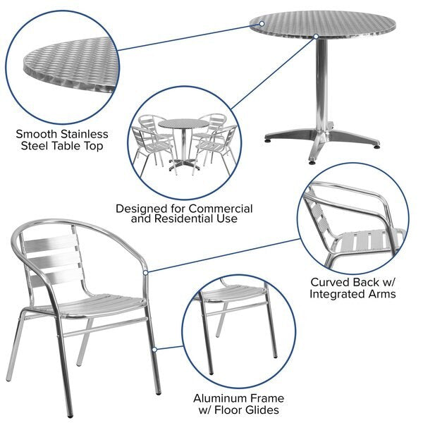 Round Table Set, 31.5 W, 31.5 L, 27.5 H, Aluminum, Plastic, Stainless Steel Top, Grey
