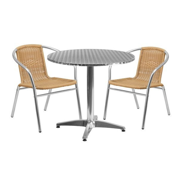 Round Table Set, 31.5 W, 31.5 L, 27.5 H, Aluminum, Plastic, Rattan, Stainless Steel Top, Grey