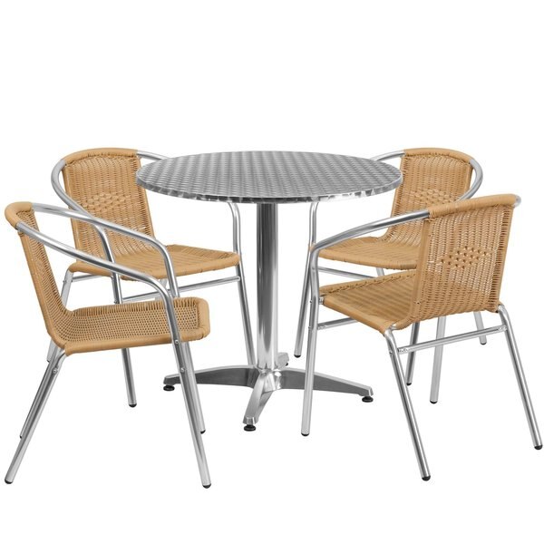 Round Table Set, 31.5 W, 31.5 L, 27.5 H, Aluminum, Plastic, Rattan, Stainless Steel Top, Grey