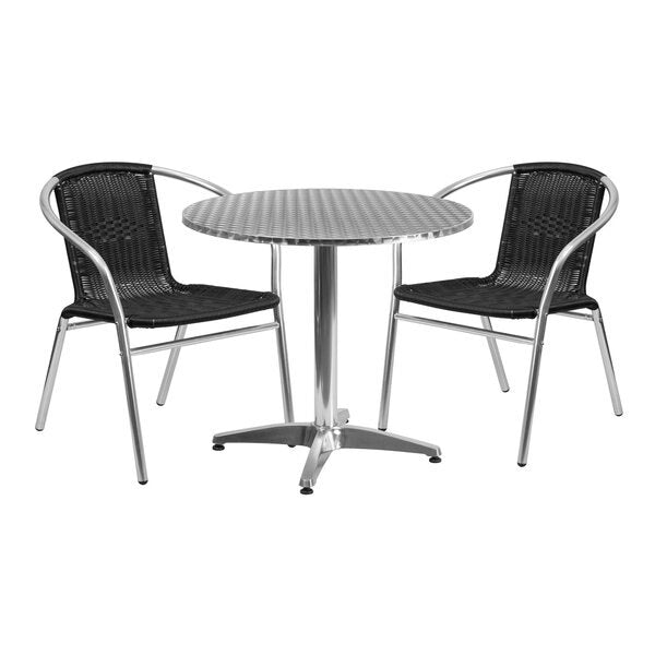 Round Table Set, 31.5 W, 31.5 L, 27.5 H, Aluminum, Plastic, Rattan, Stainless Steel Top, Grey