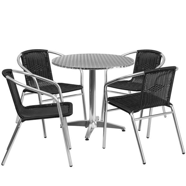 Round Table Set, 31.5 W, 31.5 L, 27.5 H, Aluminum, Plastic, Rattan, Stainless Steel Top, Grey