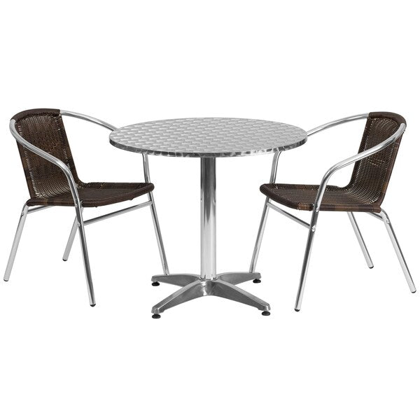 Round Table Set, 31.5 W, 31.5 L, 27.5 H, Aluminum, Plastic, Rattan, Stainless Steel Top, Grey