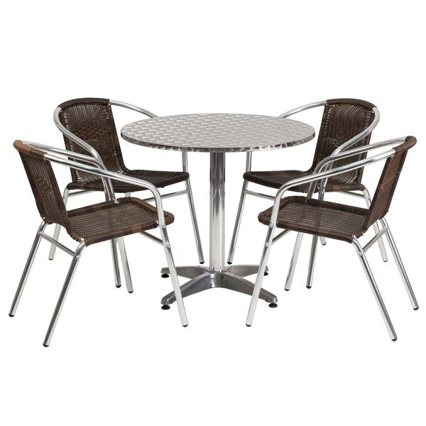 Round Table Set, 31.5 W, 31.5 L, 27.5 H, Aluminum, Plastic, Rattan, Stainless Steel Top, Grey
