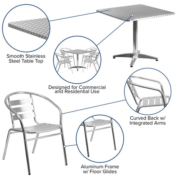 Square Table Set, 31.5 W, 31.5 L, 27.5 H, Aluminum, Plastic, Stainless Steel Top, Grey
