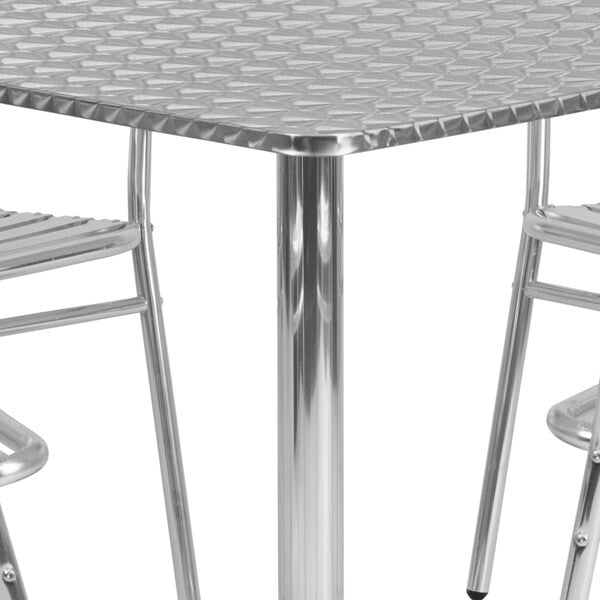 Square Table Set, 31.5 W, 31.5 L, 27.5 H, Aluminum, Plastic, Stainless Steel Top, Grey