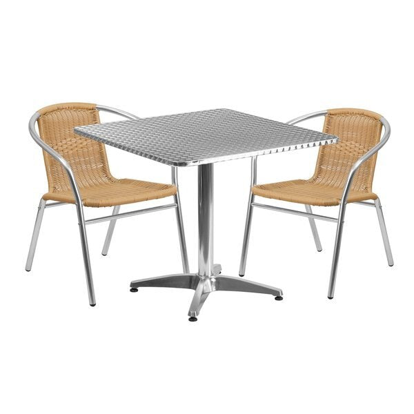 Square Table Set, 31.5 W, 31.5 L, 27.5 H, Aluminum, Plastic, Rattan, Stainless Steel Top, Grey